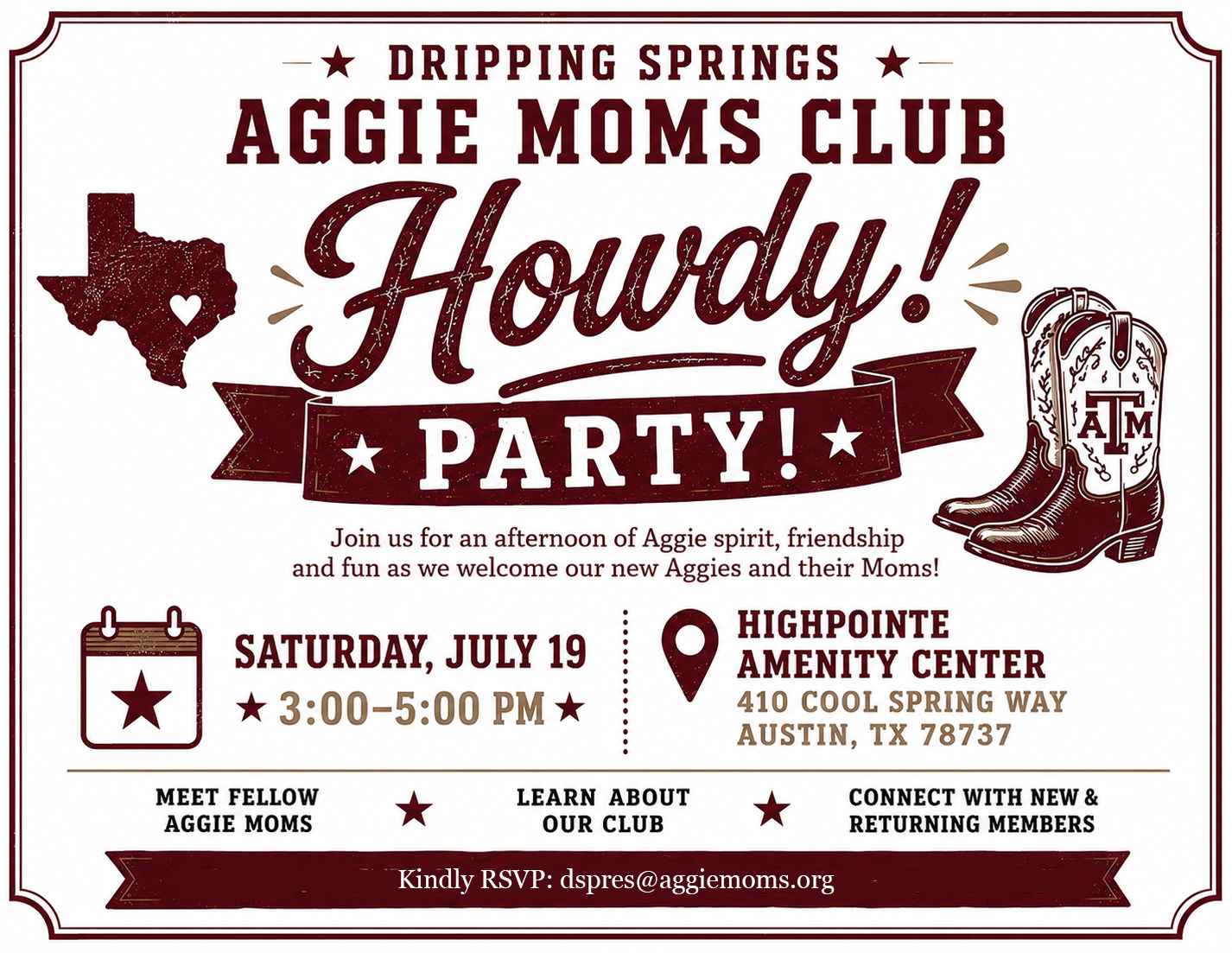 Howdy party July 19, 3-5pm at Highpointe Amenity Center