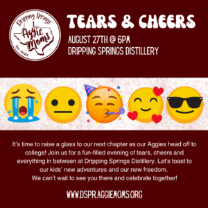 Laughing, crying emojis promoting Tears & Cheers event Aug. 27, 6pm at Dripping Springs Distillery.